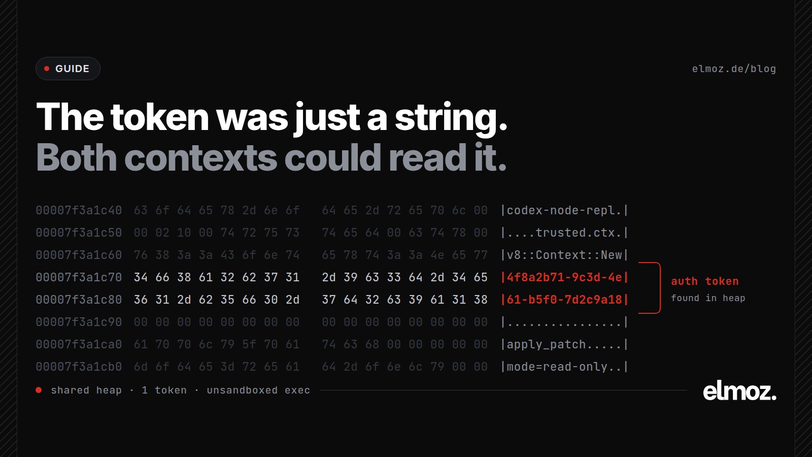 Memory dump of a coding agent process with the authorisation token readable in the ASCII column, the coding agent sandbox escape in one line